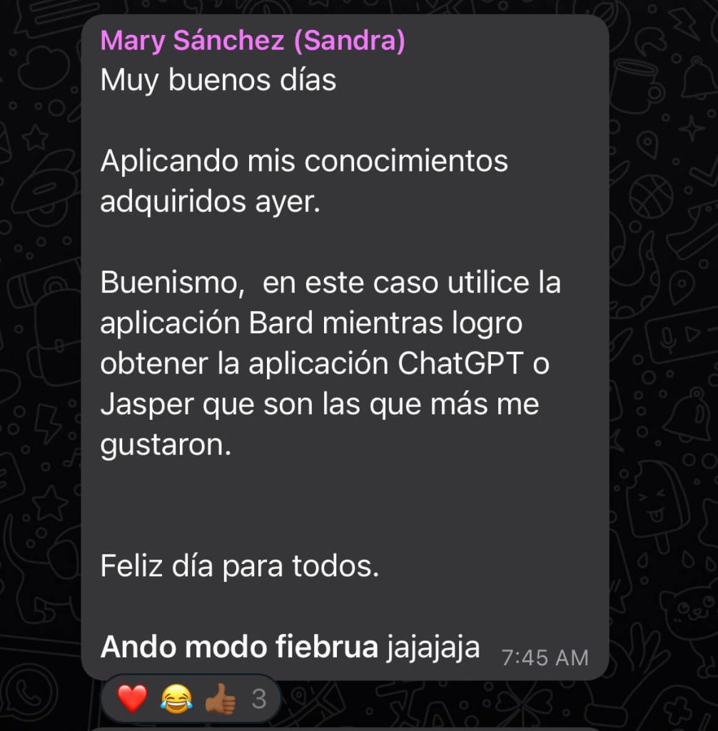 Screnshot de testimonio via Whatsapp de la emprendedora Mary Sanchez, sobre el taller de inteligencia artificial para creadores de contenido impartido por Marlin Duran