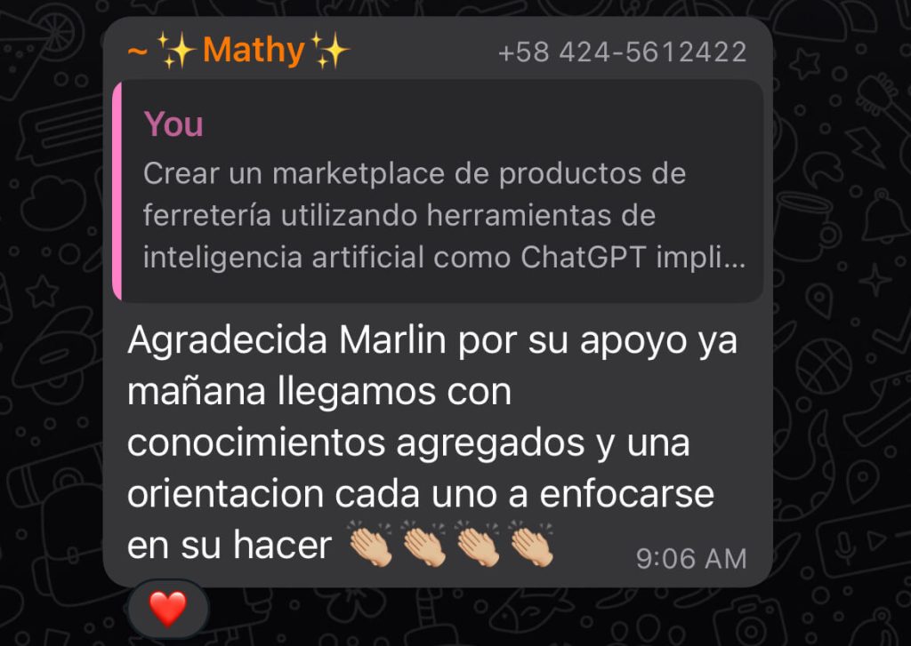 Screnshot de testimonio via Whatsapp del emprendedor Mathy, sobre el taller de inteligencia artificial para creadores de contenido impartido por Marlin Duran