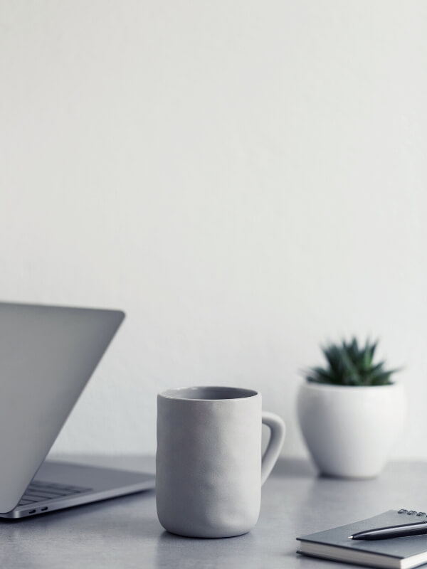 Estación de trabajo minimalista. Con una laptop, planta artificial y taza gris hecha de arcilla