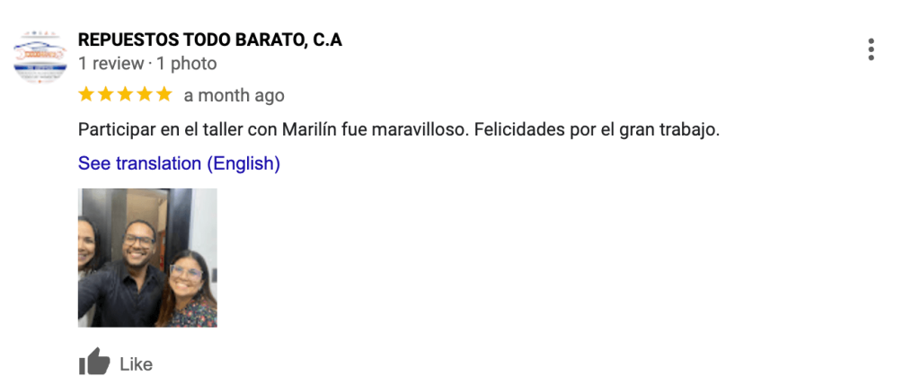 Testimonio de la empresa Repuestos todo barato, sobre el taller de inteligencia artificial para creadores de contenido impartido por Marlin Duran