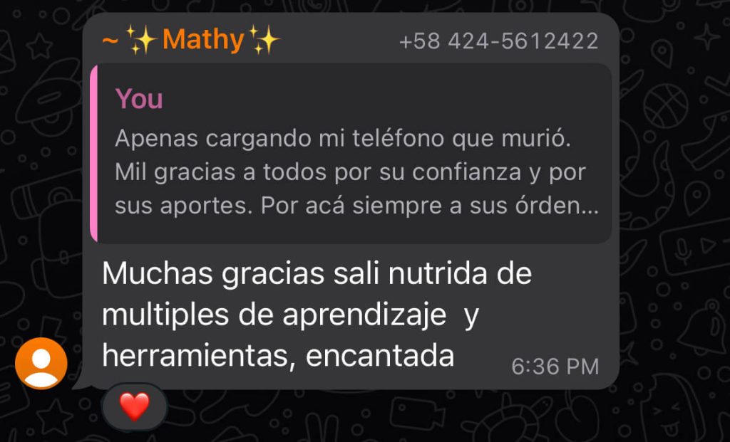 Screnshot de más testimonios de varios emprendedores via Whatsapp sobre el taller de inteligencia artificial para creadores de contenido impartido por Marlin Duran.