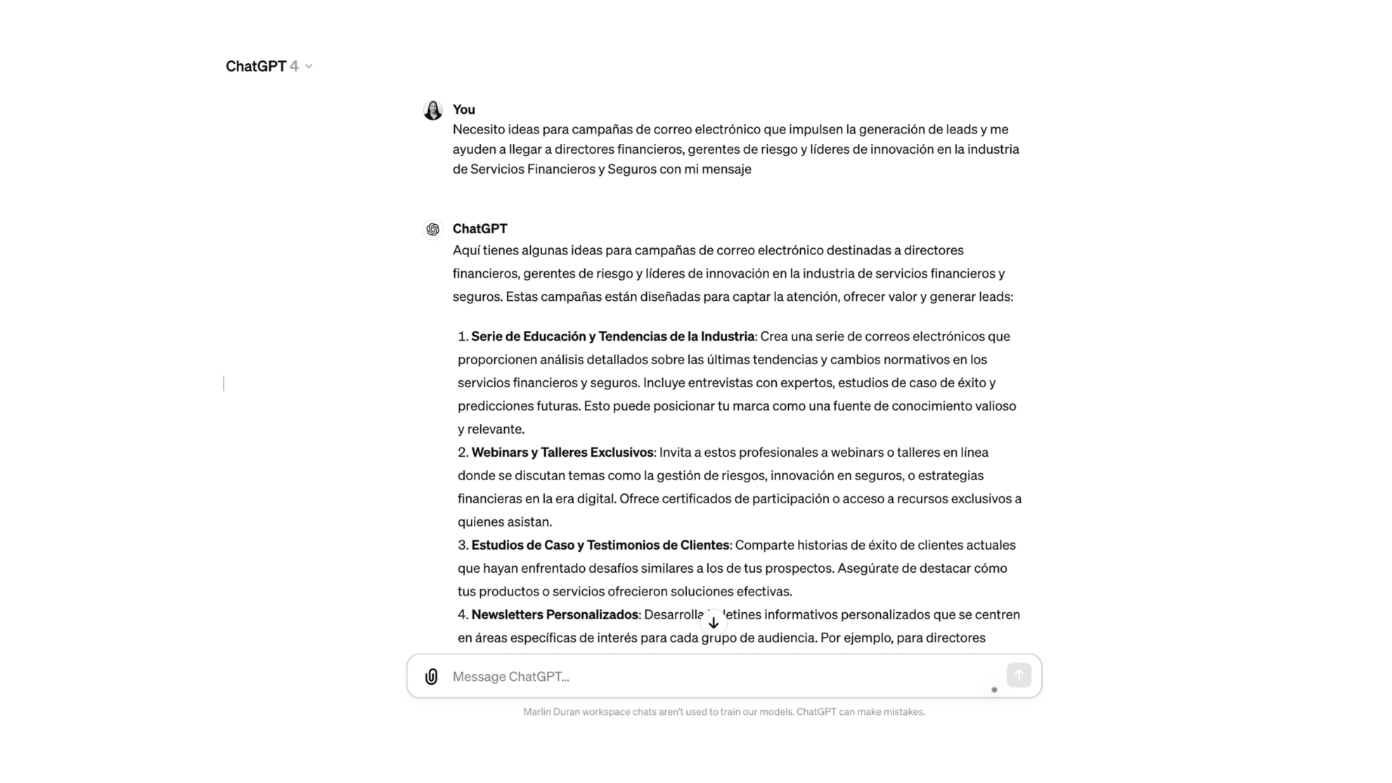 Captura de pantalla de una conversación con ChatGPT ofreciendo estrategias de marketing por correo electrónico para alcanzar directores financieros y líderes de innovación en la industria de servicios financieros y seguros