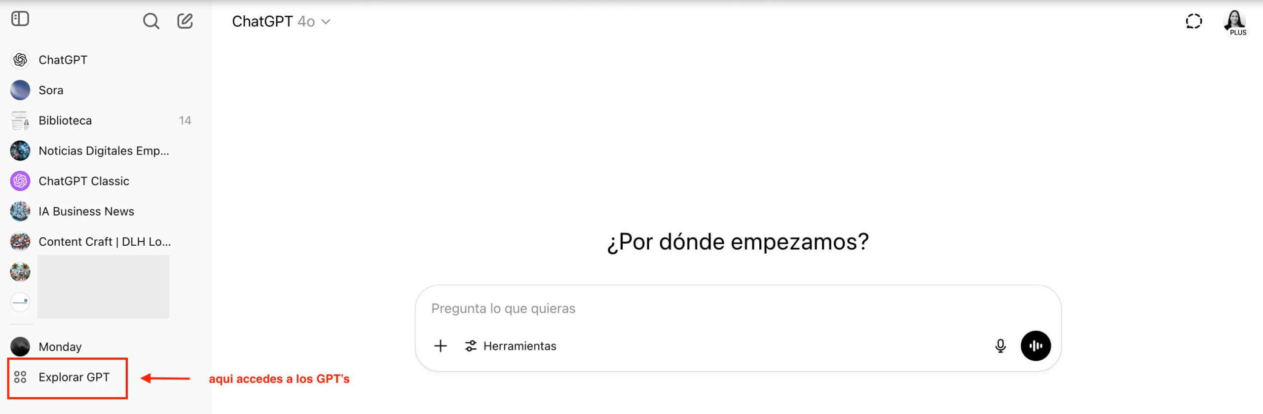 Screenshot de interfaz de ChatGPT con un recuadro remarcado para indicar la opción de explorar GPT