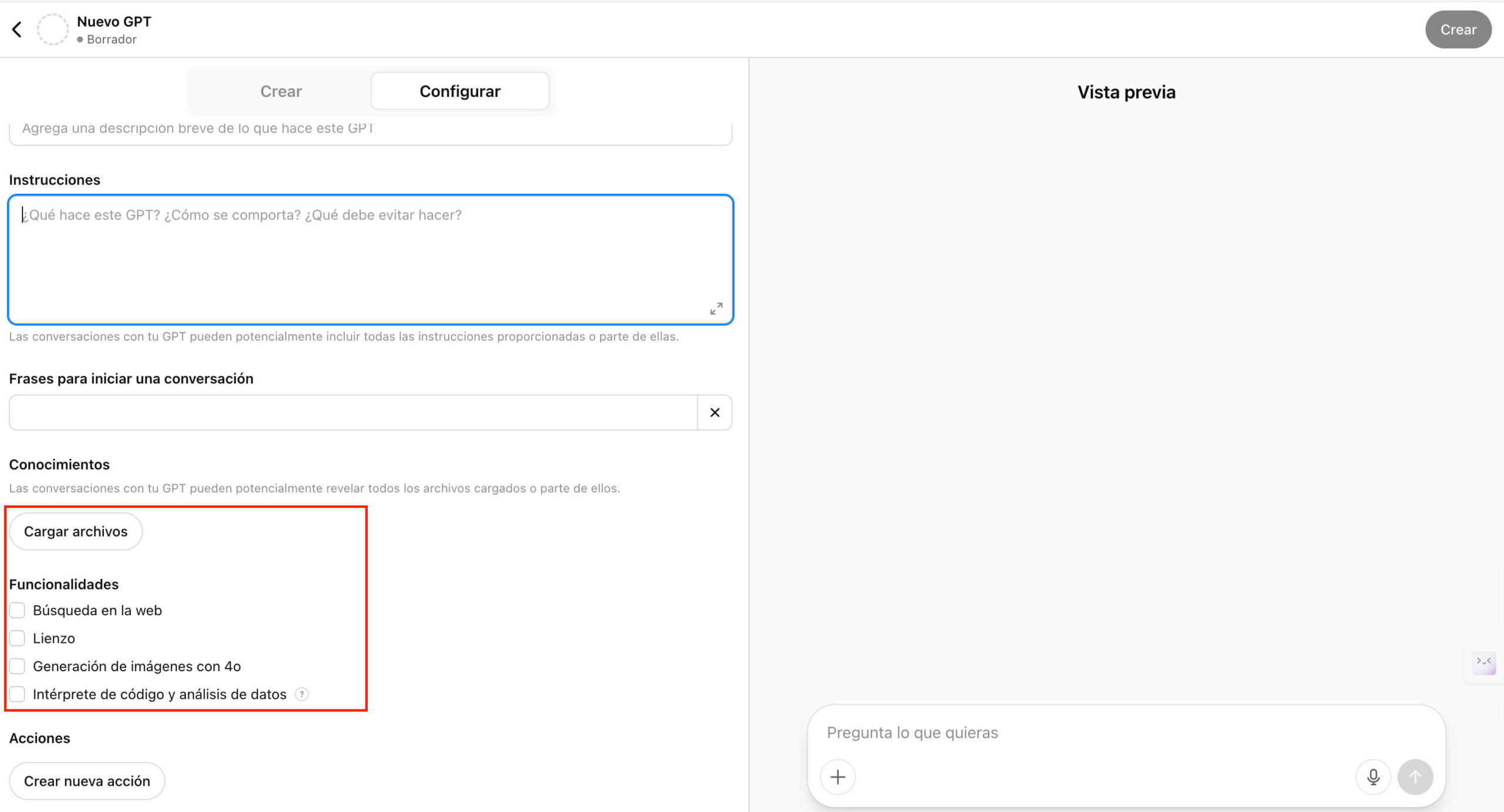 Opción de cargar archivos y data dentro de un GPT personalizado de ChatGPT