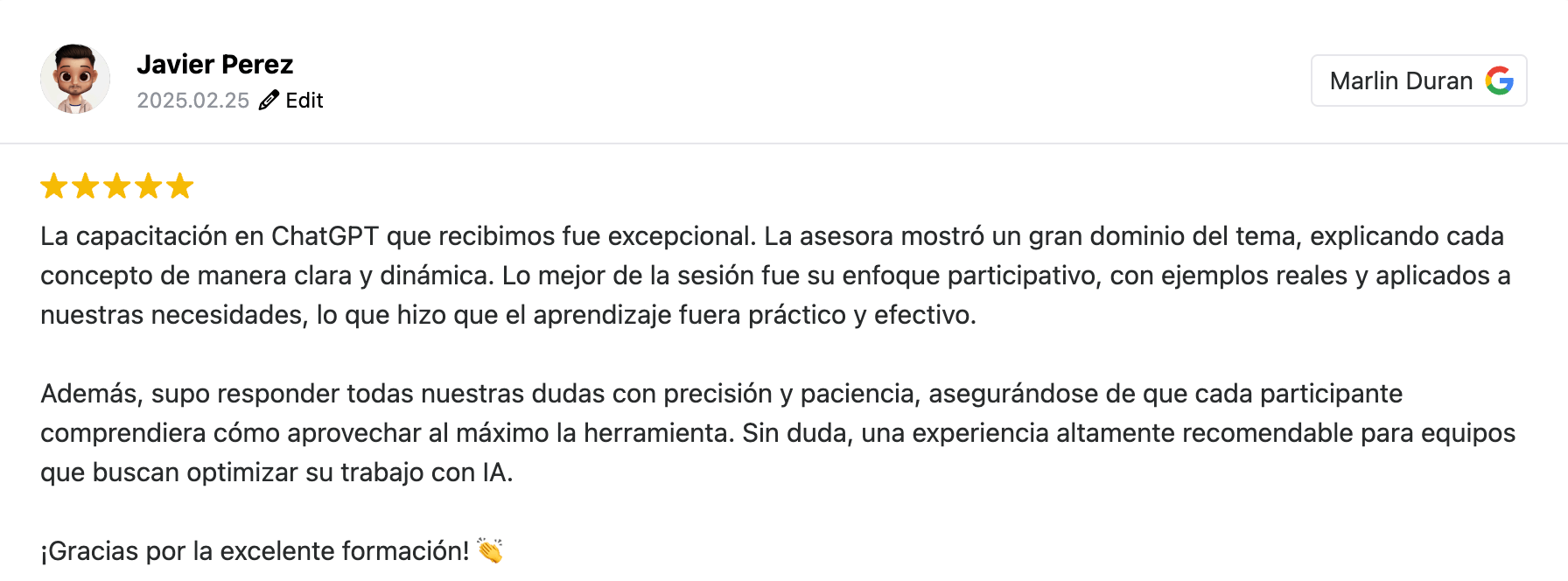 Testimonio de la empresa Logicem (Colombia) de la formación IA para lideres impartida por Marlin Duran